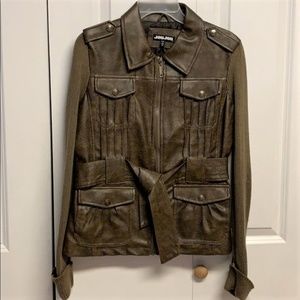 Vintage Jou Jou Brown Green Poly Vinyl & Knit Belted Snap Front 4 Pockets Jacket